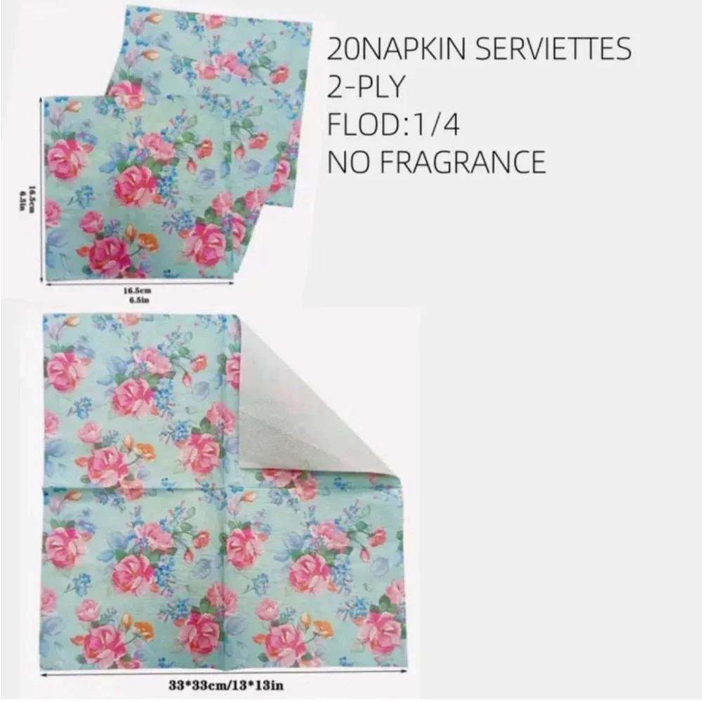 Pink Peony Blue Floral Pattern Luncheon Napkins, 20-ct